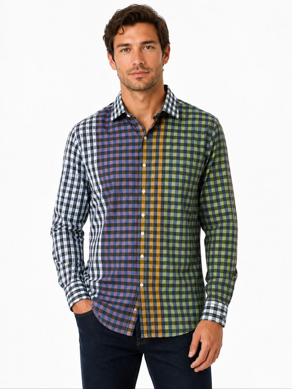 Thomas Dean Mens XXL Patchwork Check Pima Cotton Button Down Shirt